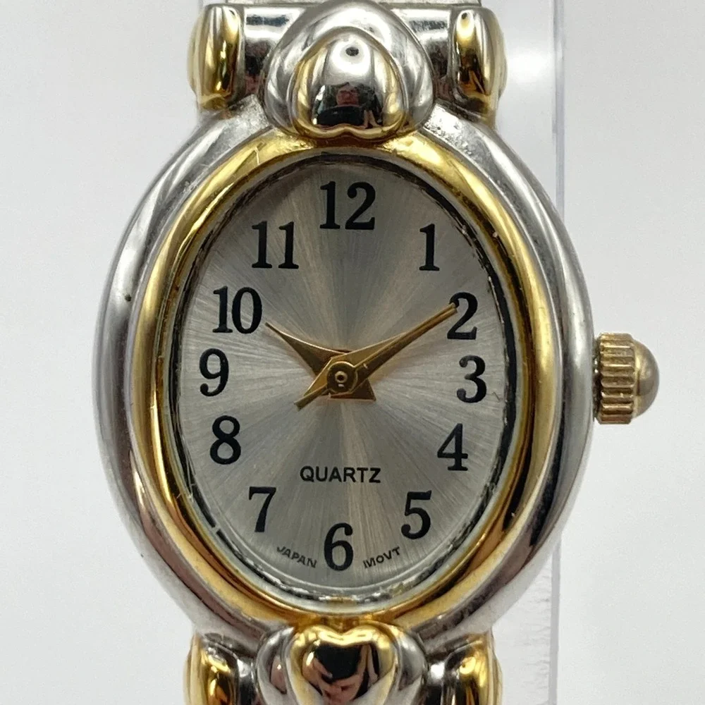 Vintage White Stag Womens Watch Silver Gold Tone Hearts Stretch Band New Battery